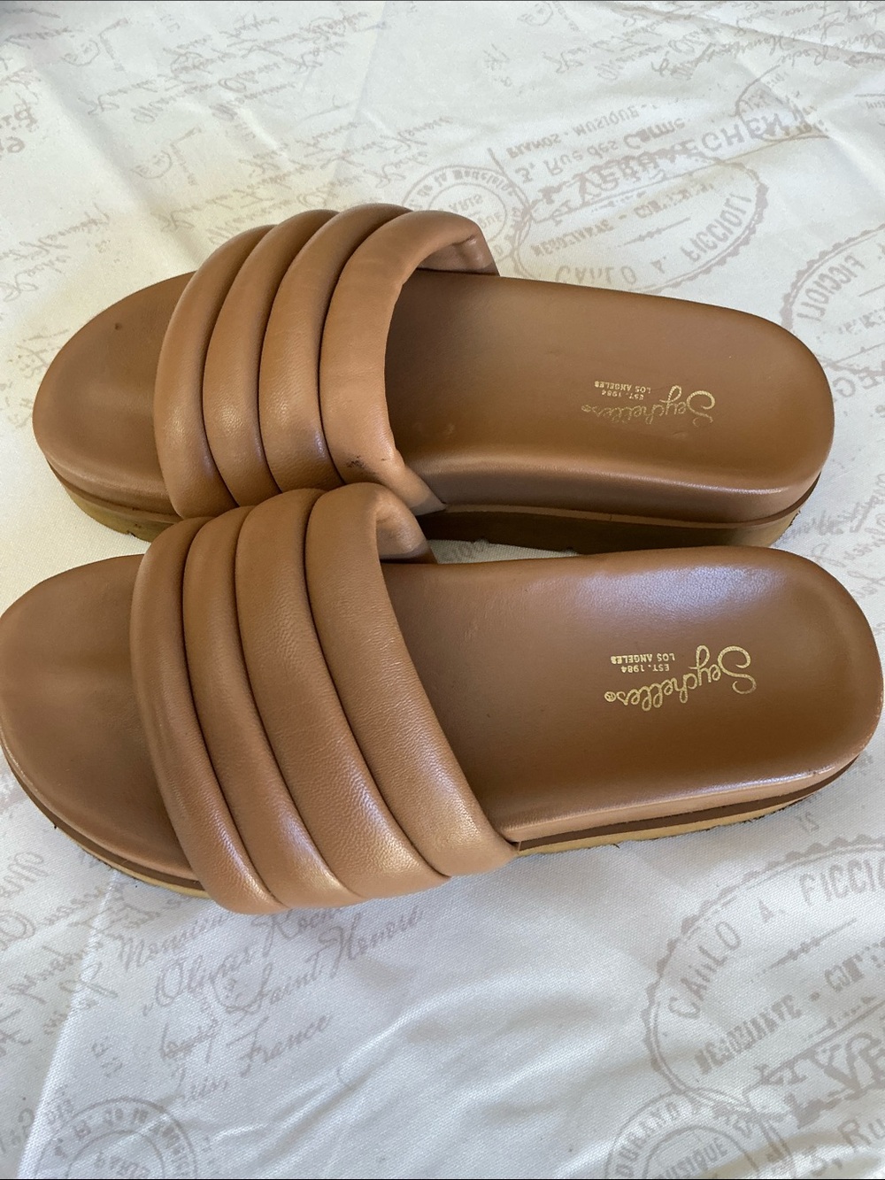 Seychelles Leather Four Band Padded Slide Sandal in Nude Tan